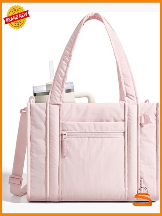 Handbags - Quilted Puffer Tote Bag with Crossbody Strap, 14L Laptop Compatible